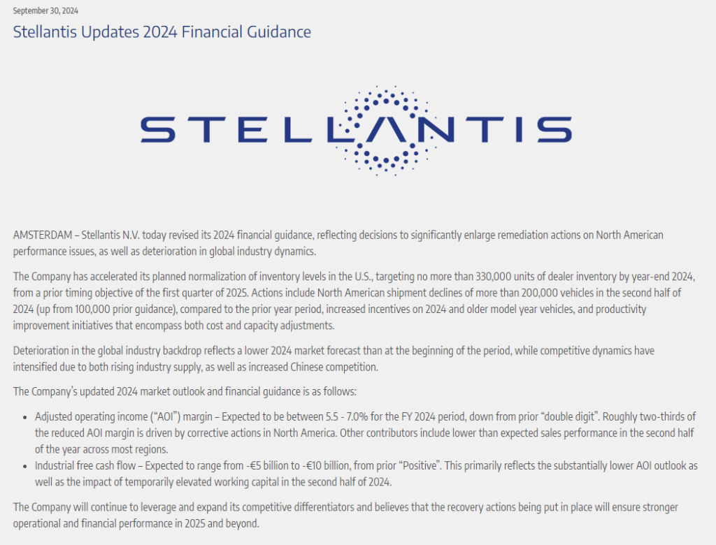 Stellantis Profit Warning 30 September 2024 